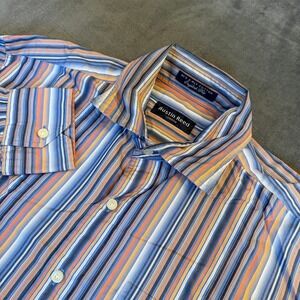 Austin Reed London English Fit Shirt Mens Large Blue Orange Striped 2 Ply Cotton